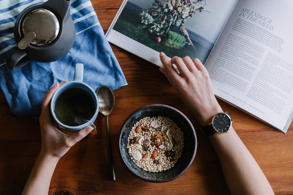 Simple Eco Breakfast cereal tea and book