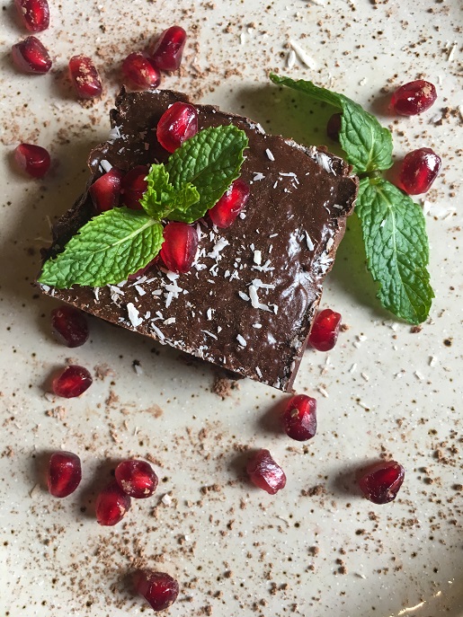 Healthy Chocolate Dessert with pomegranate and mint