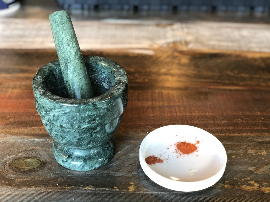 Mortar and pestle with ground saffron