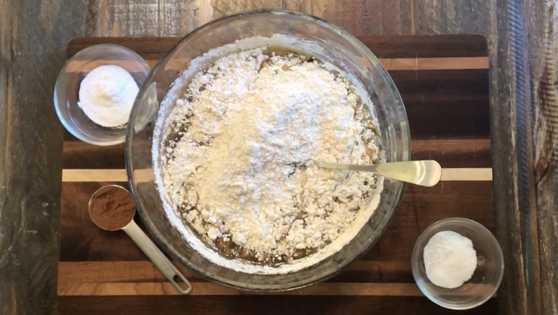 Adding dry ingredients to Grandma's Homemade Zucchini Bread Batter