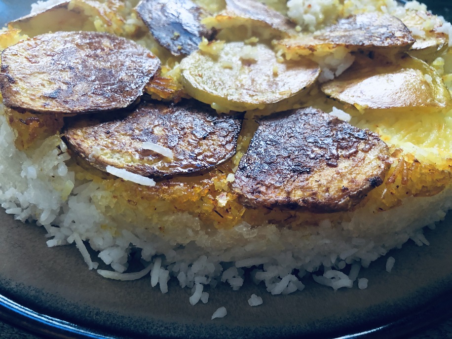 Close up of basmati rice with potato tahdig