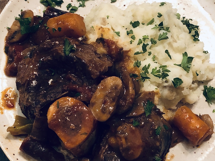 Elk Osso Buco with Garlic Mashed Potatoes